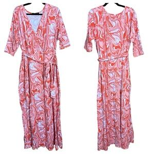Livd Marbled Orange Maximalist VNeck Surplice Belted Stretch Maxi Dress 3X